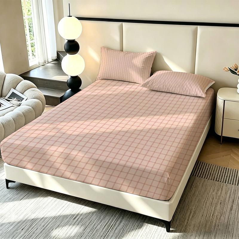 3PCS Light Pink Brown Fine Striped Bedding set fitted sheet without Core, Soft Bedding for Bedroom Decoration