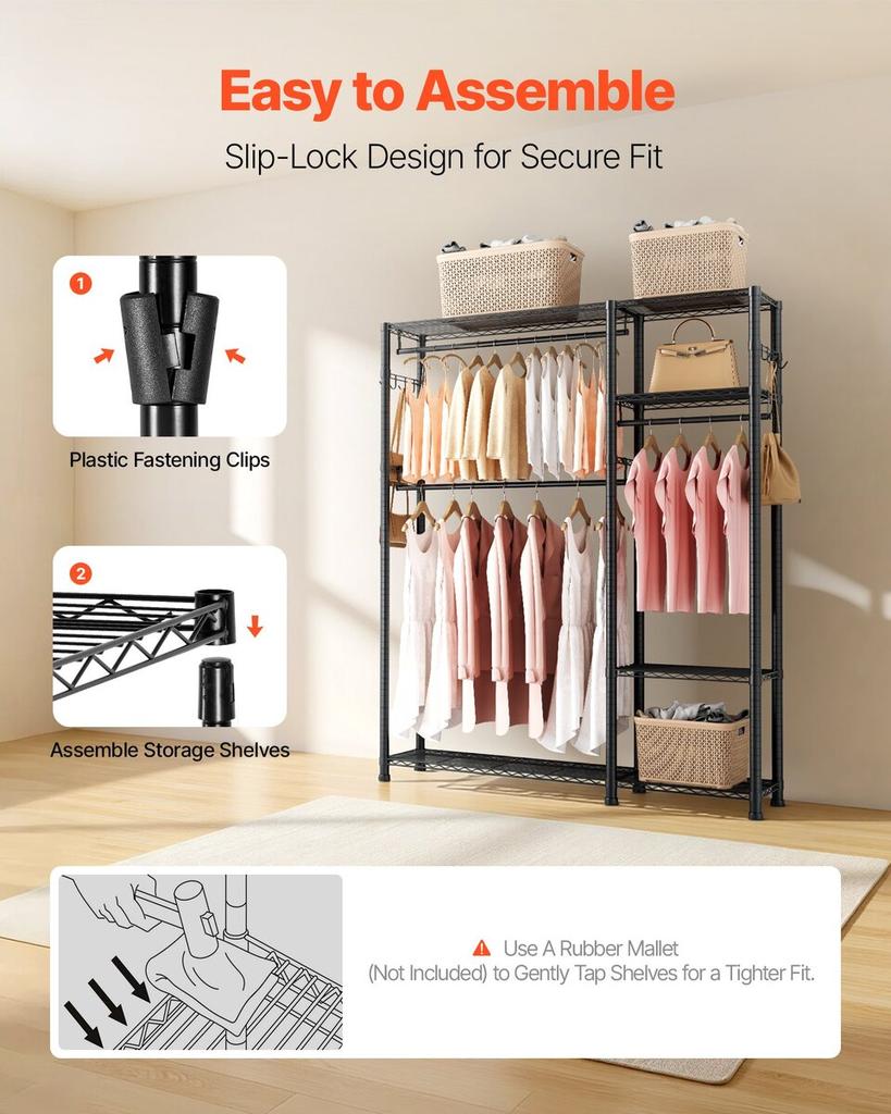 Clothing Garment Rack, Heavy Duty Clothes Rack, 6 Adjustable Tiers Clothes Racks with Steel Frame, 363 kg Load Capacity Closet Wardrobe with 3 Hanging