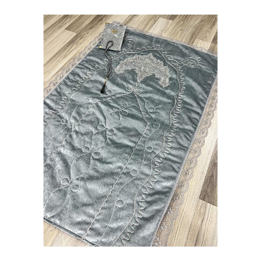 French Laced 3 Piece Embroidered Velvet Dowry Bridal Set Prayer Rug