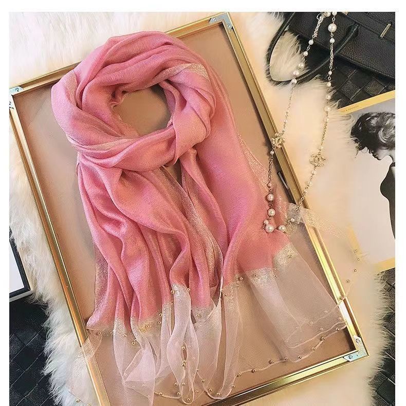 Новый шарф для женщин, тонкий, с бисером, однотонный, шаль, шарф из марли с золотой нитью, персонализированный, шарф из искусственного шелка, весна и осень