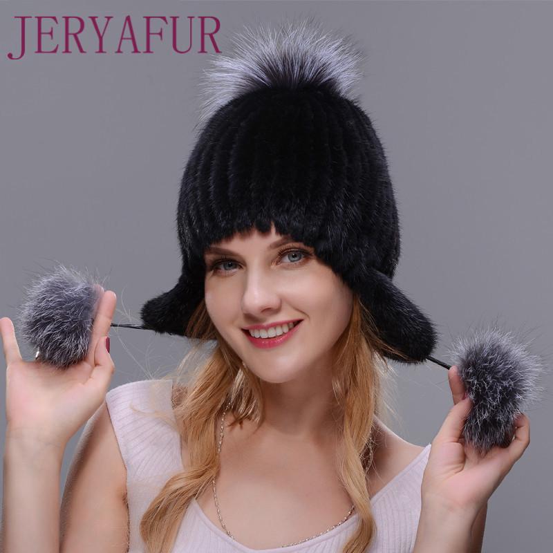 JERYAFUR Зимняя женская шапка из норки, новая шапка для защиты ушей, лыжная шапка ручной работы из норки и лисы, теплая подготовка к меху
