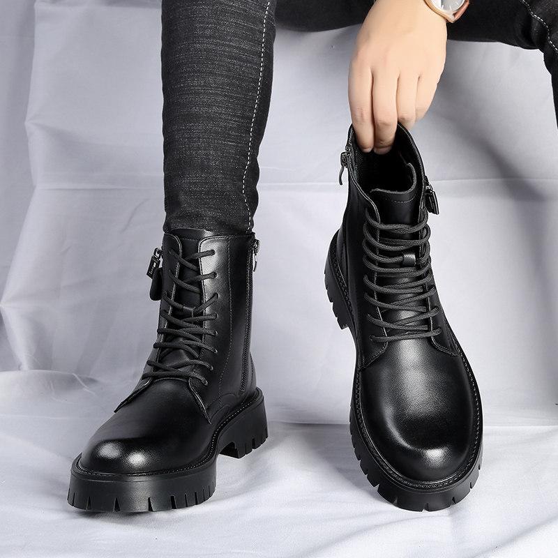 Men'S Trendy Martin Boots Men'S High-Top Leather Shoes Height-Increasing Tooling Shoes Men'S Boots British Wind Motorcycle Boots