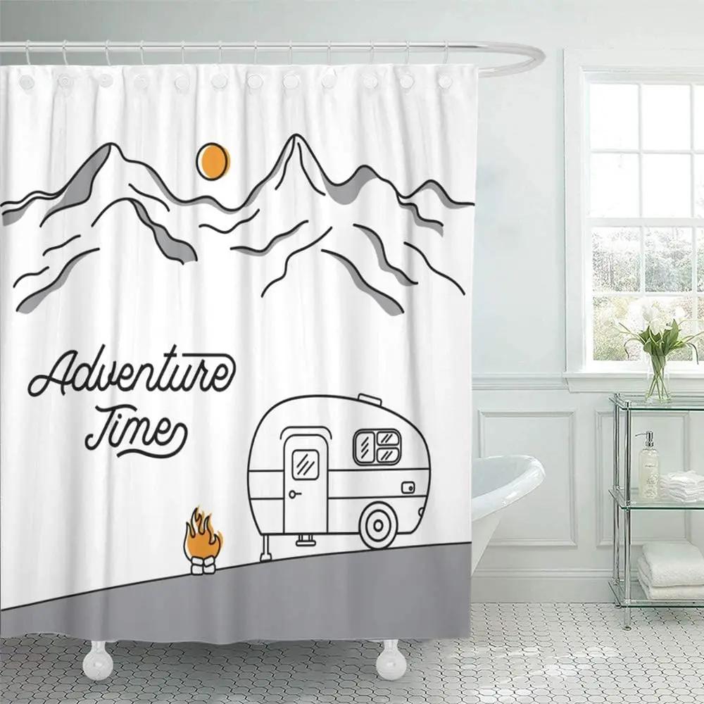 Shower Curtain Waterproof Road with Retro Camper on The of Mountains Line Style Trip Van Vintage Activity 60x72 Inch with Hooks