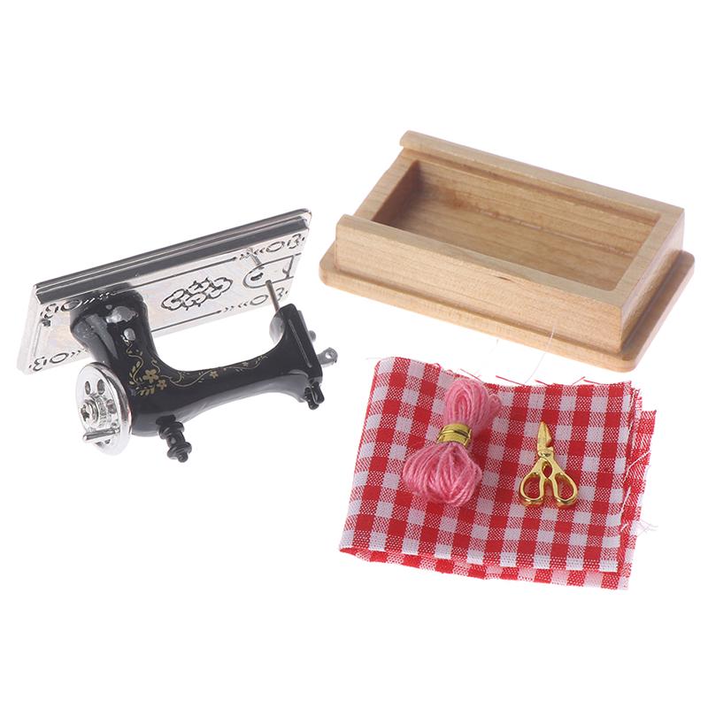 1/12 Dollhouse Miniature Sewing Machine With Scissors Thread Cloth