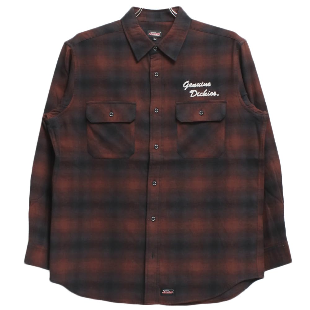 GENUINE DICKIES Men's Check Shirt, Plus Size, Logo Embroidery, Long Sleeve, Work Shirt, Size 5L, Red (01)