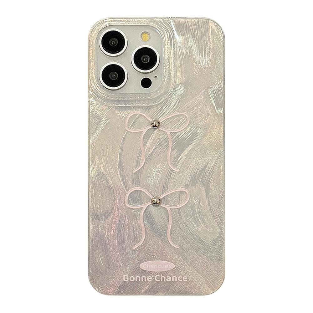 Three Dimensional Silver Pearl Powder Bow Mobile Phone Case Suitable for Apple 15promax Feather Iphone16 Anti Fall 12 Hard 14