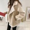 NEEDBO Women Winter Jacket Chic Faux Suede Fur Collar Coats Aviator Motorcycle Biker Jackets Female Lamb Wool Coat