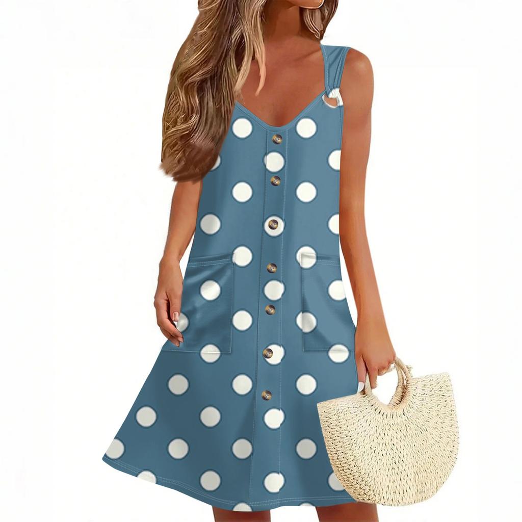 Women's Summer Dress With Pocket Sleeveless Polka Dot Print Sundress