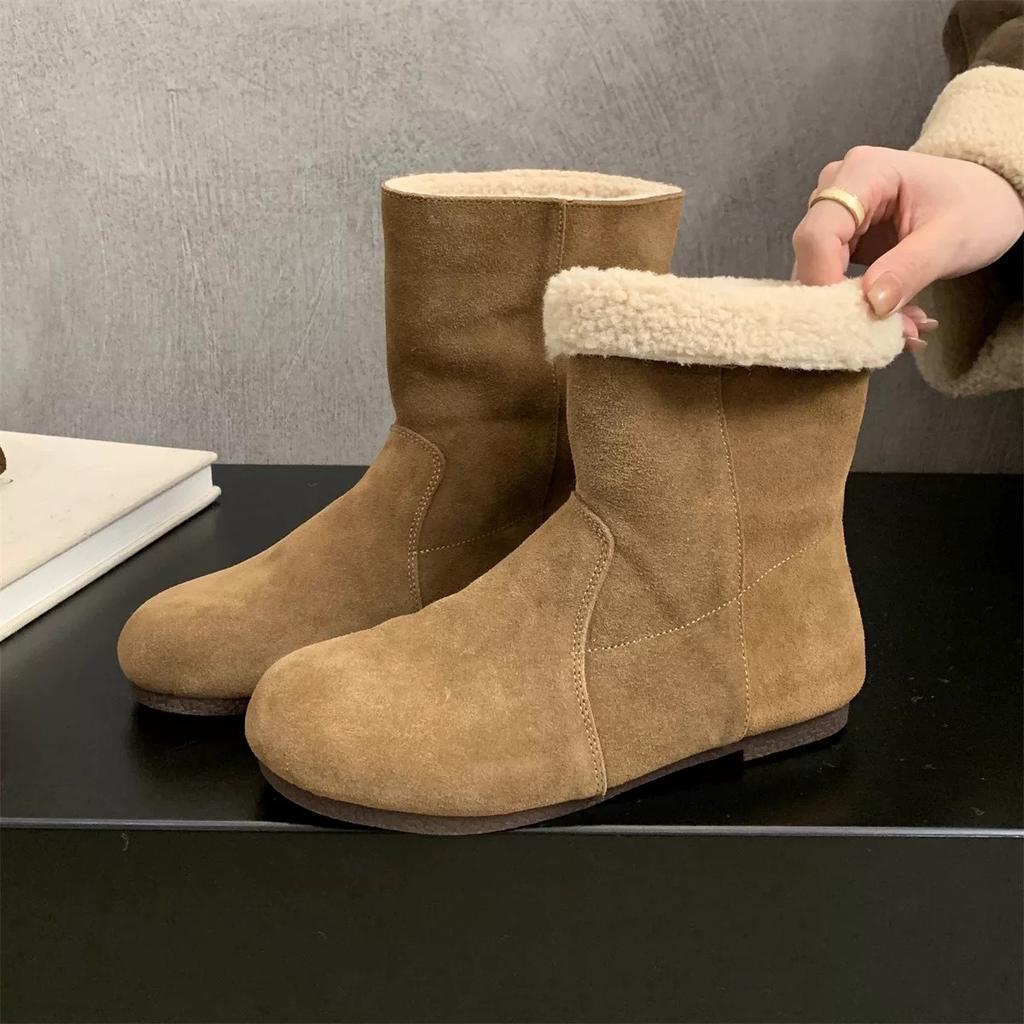 Двухсторонние кожаные зимние ботинки женские зима 2025 новые Мори ретро короткие ботинки из овечьей шерсти бархатные хлопковые туфли