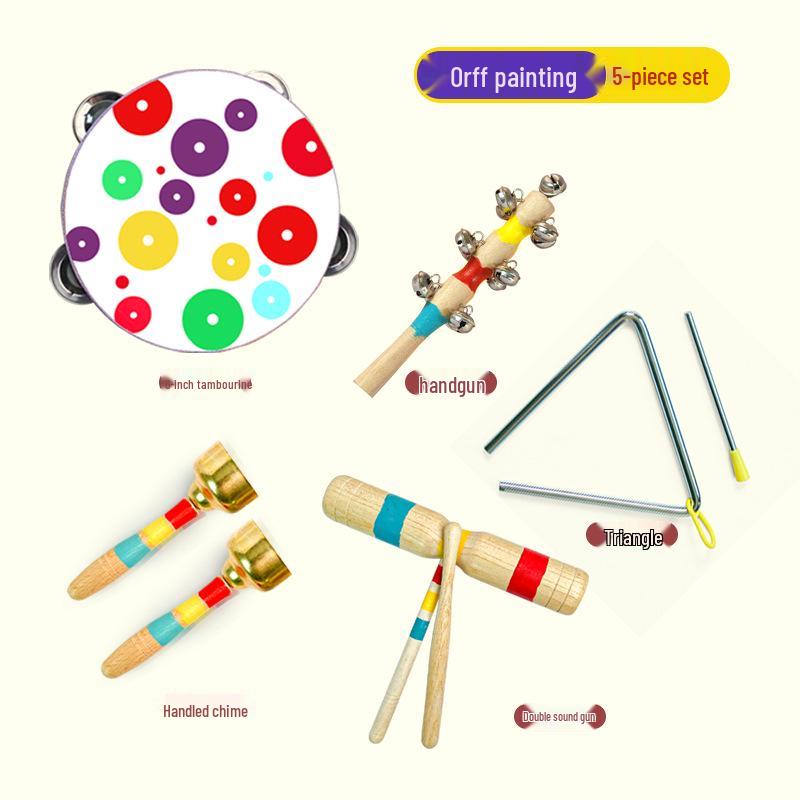 Детские музыкальные инструменты Орфа: Треугольник, Кастаньеты, Маракасы, Бубен, Деревянные бруски, Тарелки