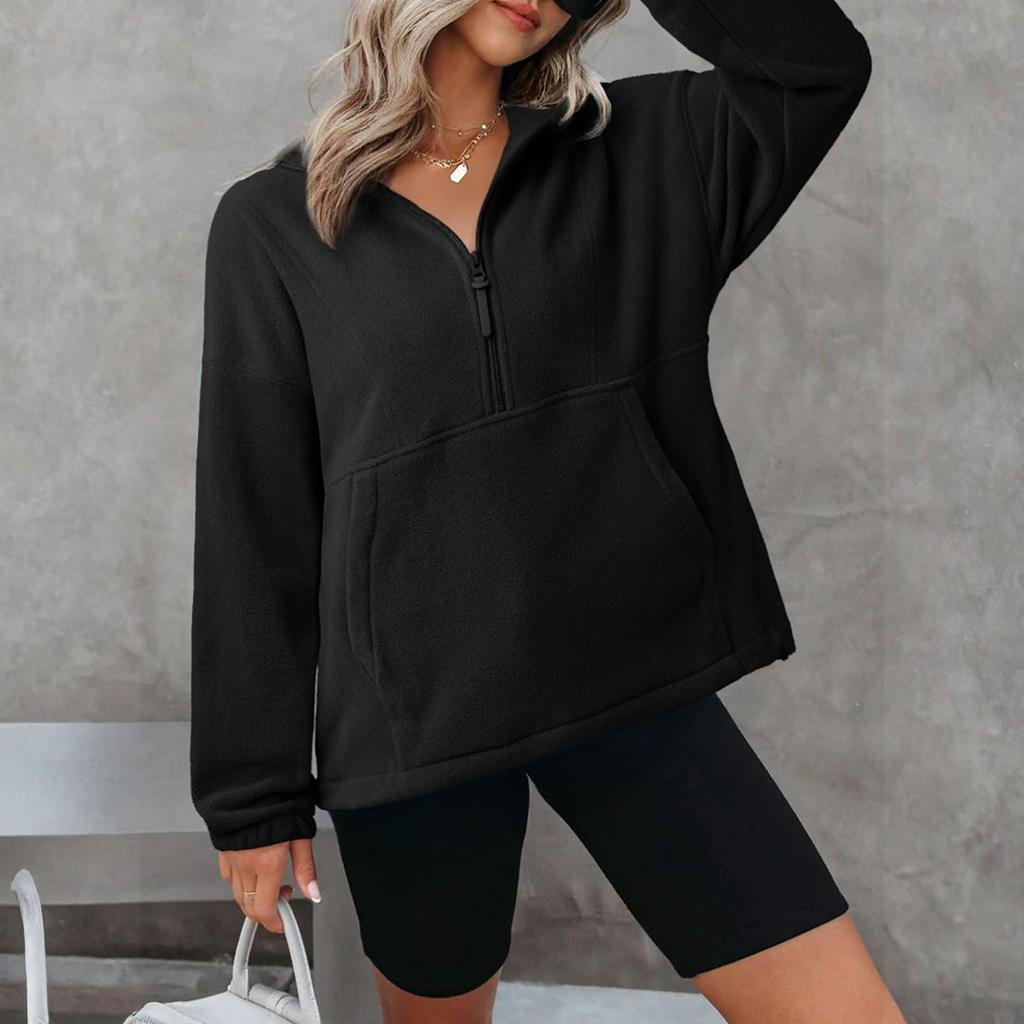 Женский флисовый спортивный пуловер на молнии до середины, модный свободный с длинными рукавами в уличном стиле
