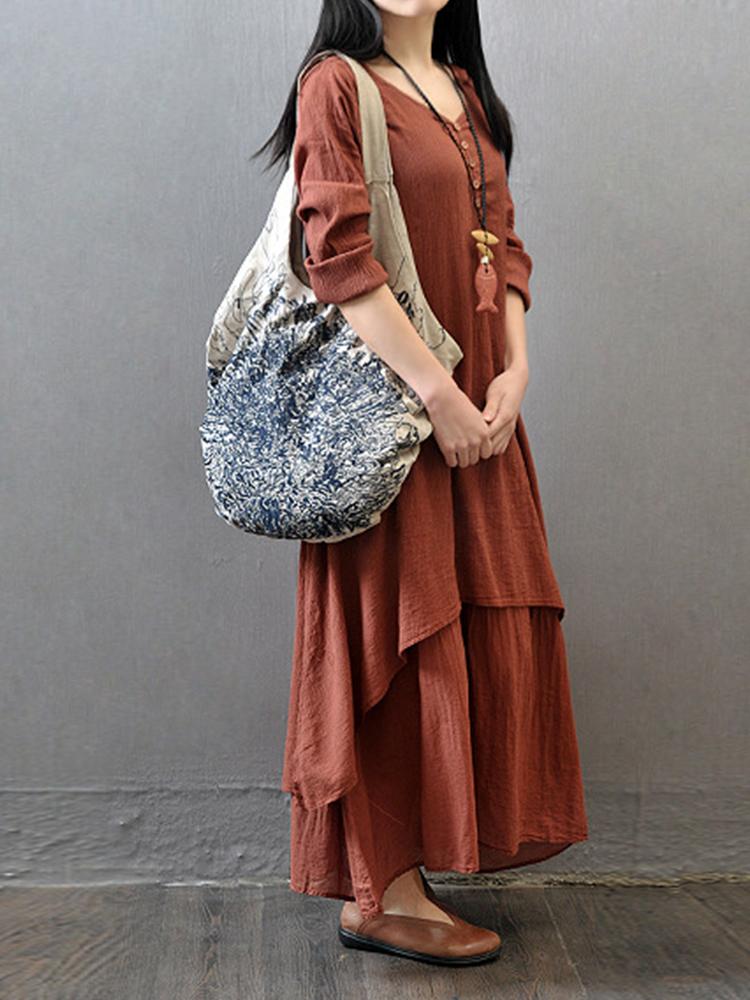 Элегантное винтажное свободное платье с V-образным вырезом из двух частей, женское модное дизайнерское однотонное платье с длинным рукавом и оборками, женская шикарная тонкая нестандартная одежда