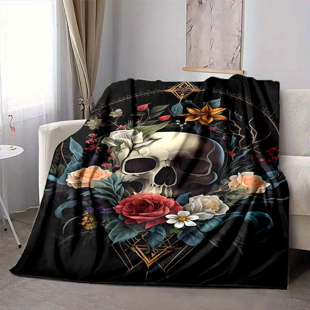 1pc Skull Flowers Blanket, Lightweight Flannel Fleece with Digital Printing, Soft Warm for Sofa, Travel, Camping, Office, Couch, Chair, and Bed, All-S