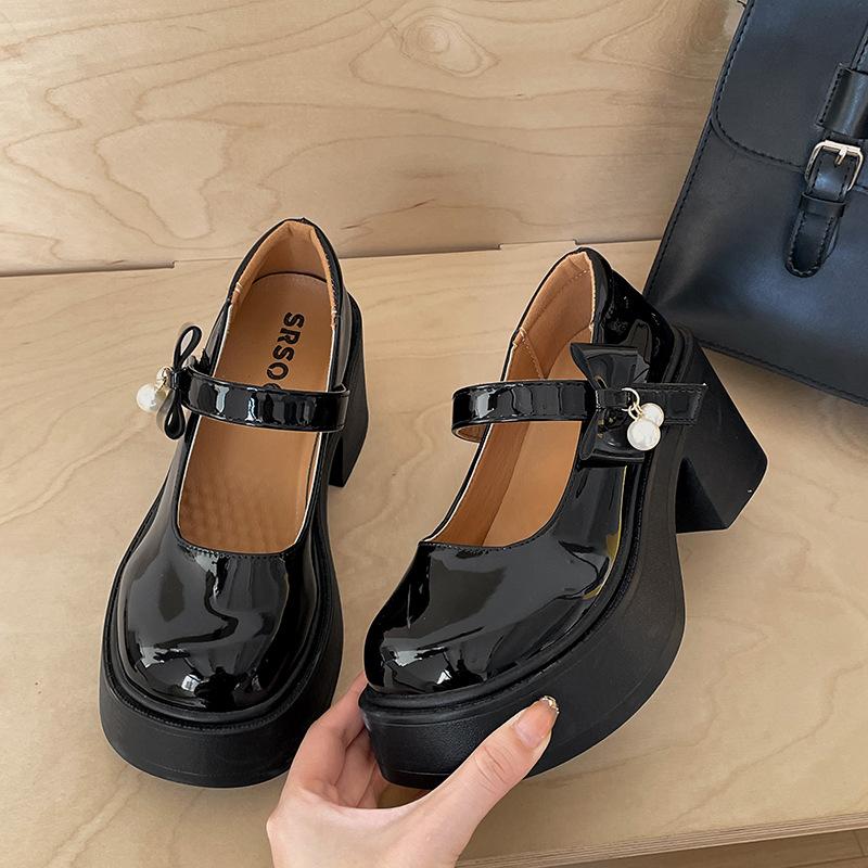 Черные туфли-лодочки из натуральной кожи в стиле ретро с круглым носком на платформе, женские, весна-осень 2025 года, универсальные, с юбкой, на высоком каблуке, туфли Мэри Джейн