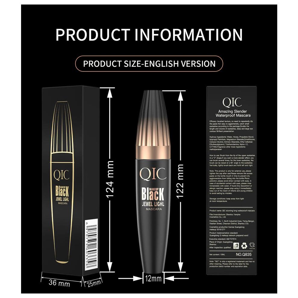 QIC Black 4D Silk Fiber Waterproof Mascara - 500% Volume, Real Length, No Extensions Needed