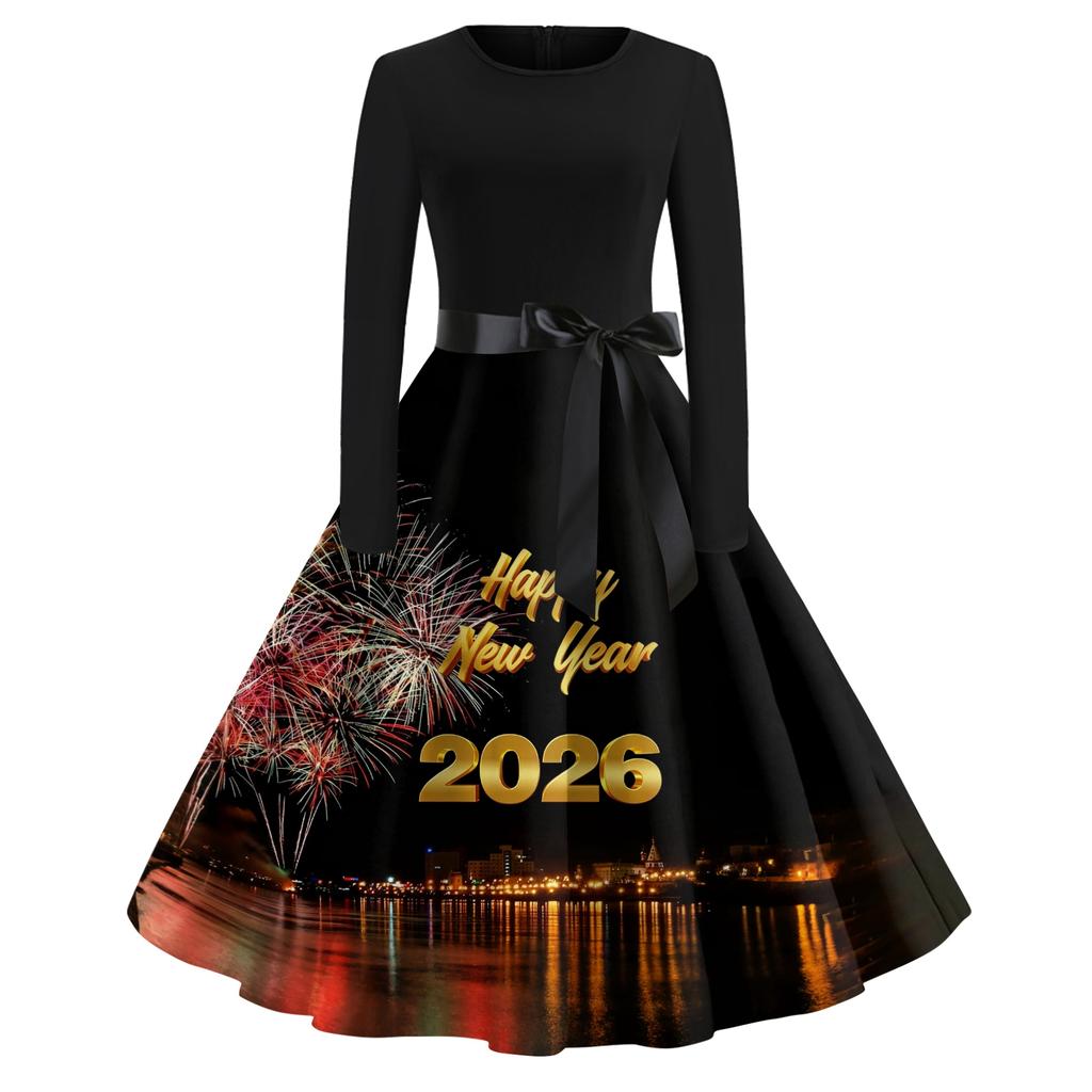 Женское повседневное модное платье с круглым вырезом и длинным рукавом с новогодним принтом в ретро-стиле