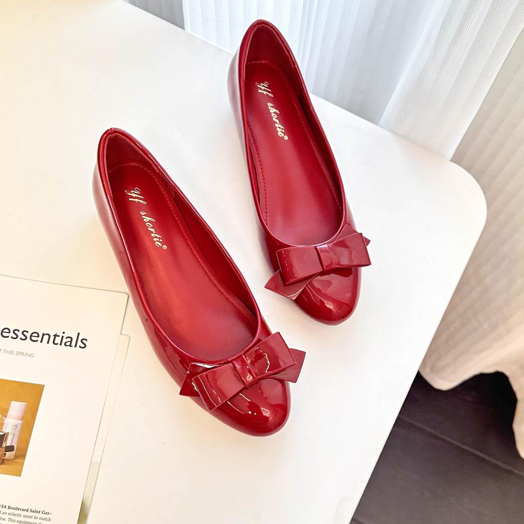 Увеличение высоты 5 см бант круглый носок неглубокий вырез туфли-лодочки женские 2025 весна новые фея ветер лакированная кожа на одной педали мягкая подошва