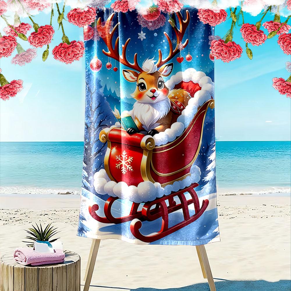 Charming festive reindeer sleigh Print beach towel, quick drying, suitable for travel, outdoor sports, jogging, the beach and swimming, gift