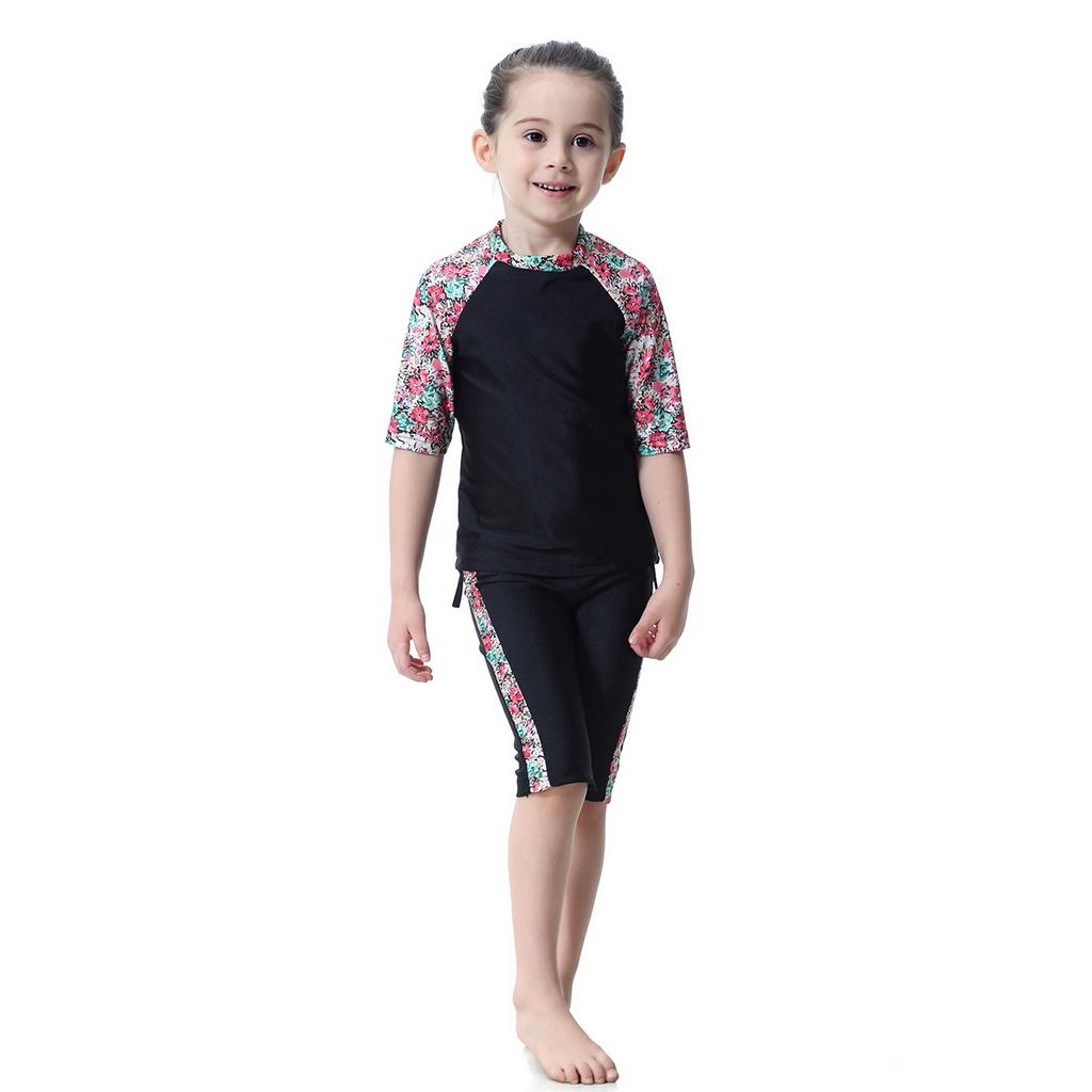 Three-Piece Swimsuit Girls Short Sleeve Print Floral Swimming Suit for Kids Swimwear Baby Children Swimming Bathing Suit with Cap