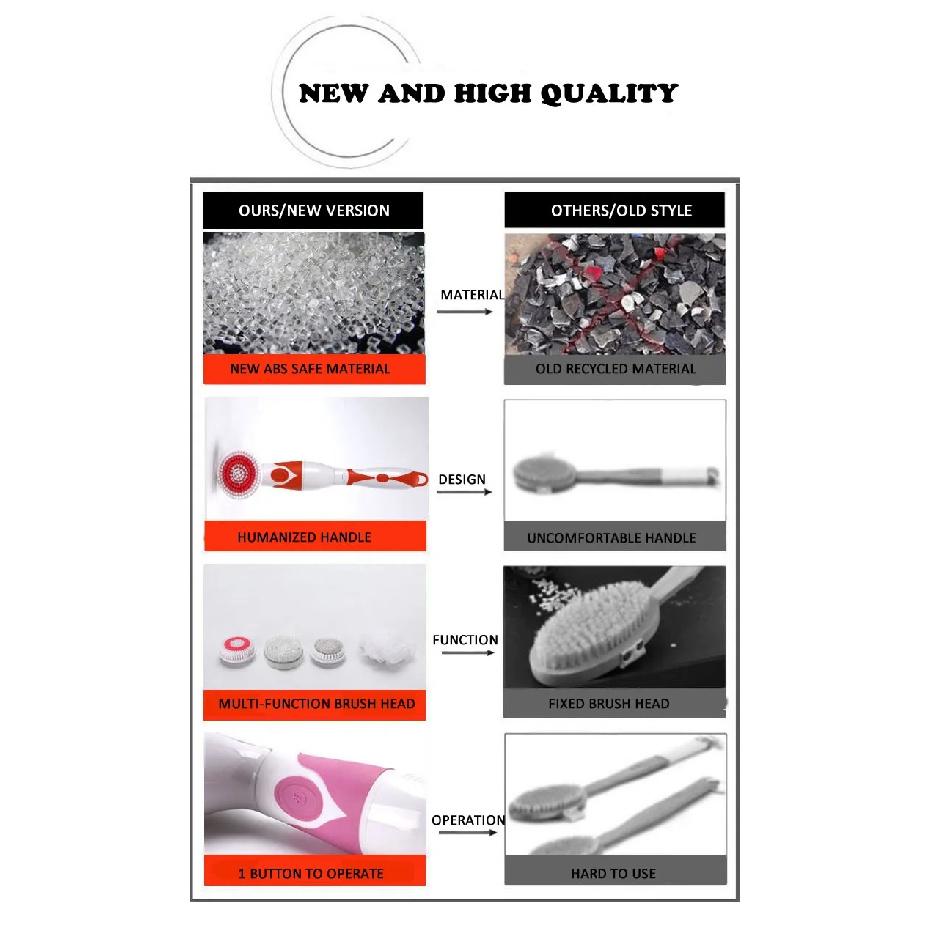 NEW 4-In-1 Electric Bath Brush Long Handle Waterproof Body Cleansing Brush Massage Home Shower Clean Spa System Health Care
