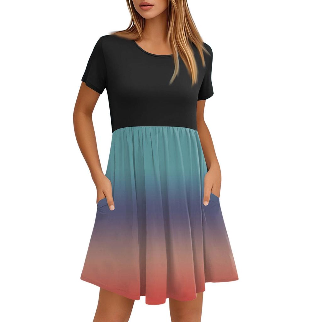 Женские модные повседневные свободные платья с круглым вырезом и коротким рукавом с принтом и карманами