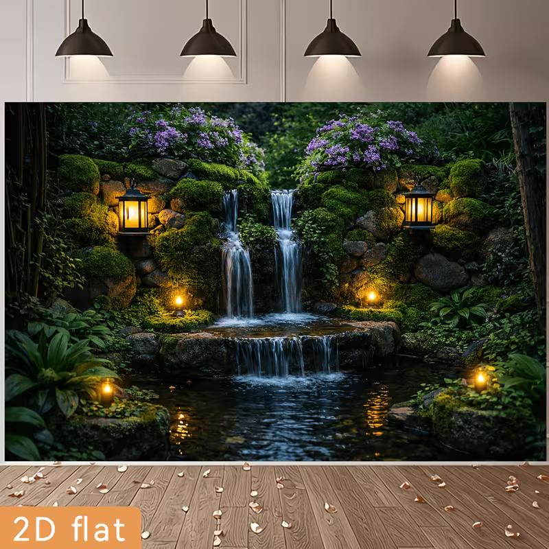 2D Enchanted Garden Waterfall Background Cloth Night Moss & Flowers Photo Booth