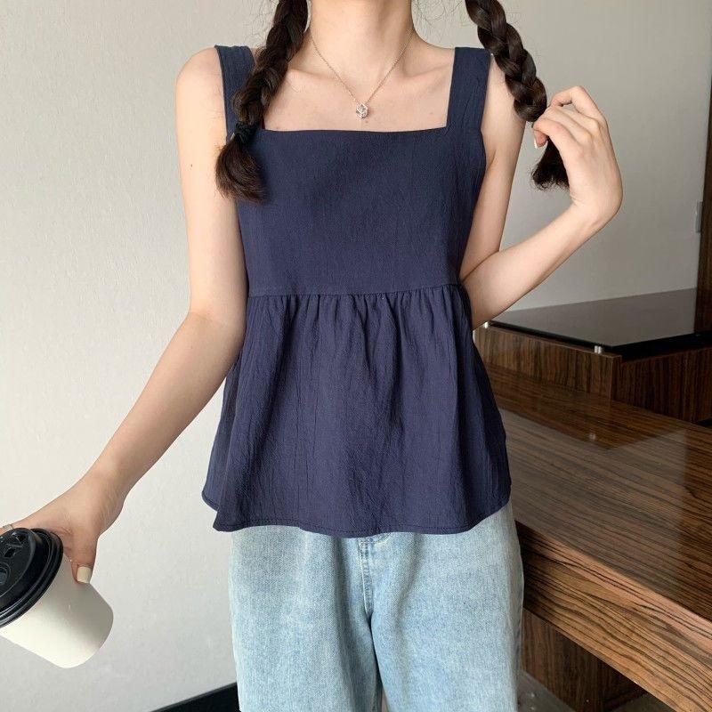 2023 Новый однотонный топ без рукавов, женская летняя майка с рюшами и дизайном, темпераментная майка