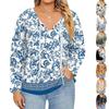 Женский модный топ с принтом, повседневный, с V-образным вырезом и длинным рукавом