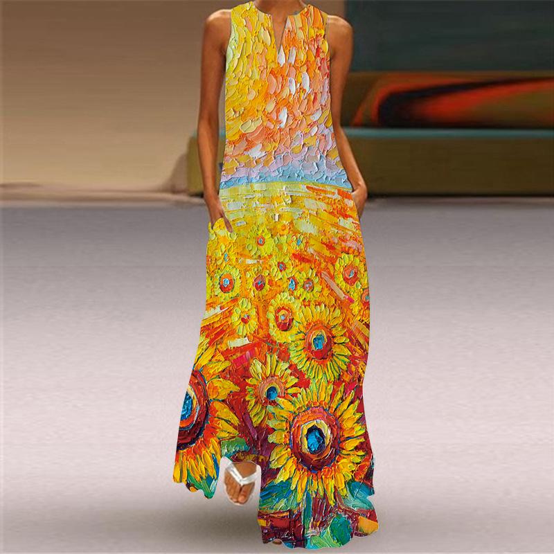 2024 Retro Multicolor V-Neck Sleeveless Long Dress