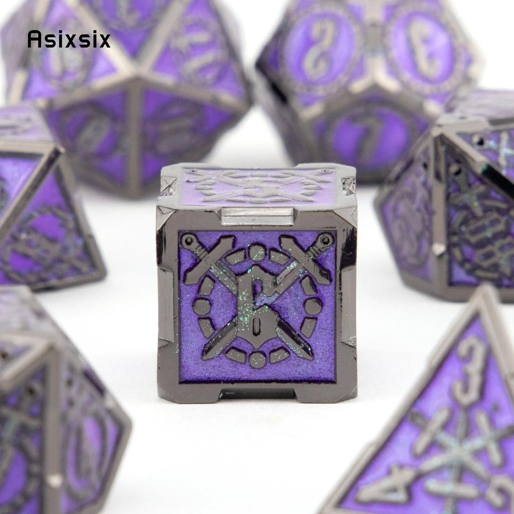 7 Pcs Purple Silver Double Swords Metal Dice Solid Polyhedral Dice Set Suitable for Role-Playing RPG Board Game