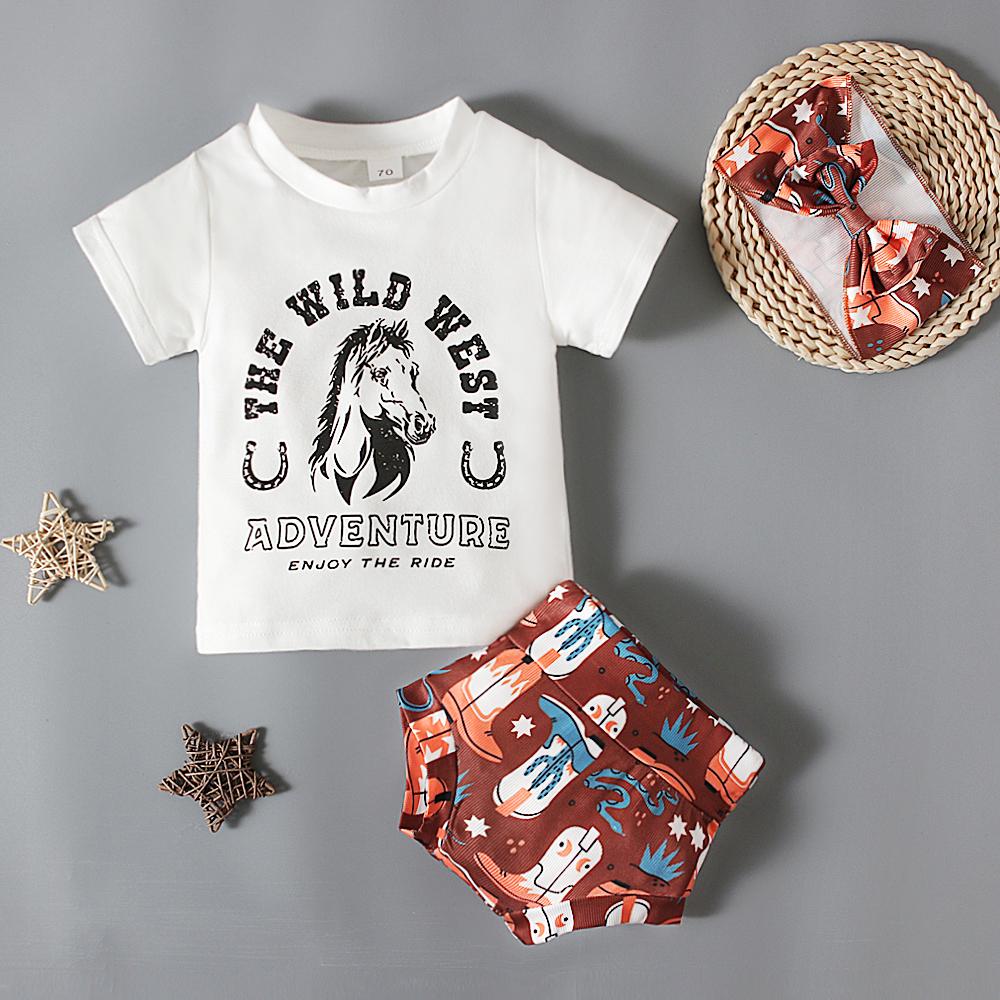 Летняя футболка с принтом животных для малышей + шорты + повязка на голову, комплект из 3 предметов, одежда для детей 0–3 лет