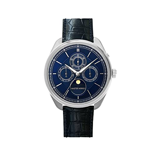 Мужские часы MASTER WORKS Quattro 004 MW21SN-ACNVG8, Сделано в Японии, Кварцевый механизм, 40 мм, Кожаный ремешок, Фаза Луны, Темно-синий