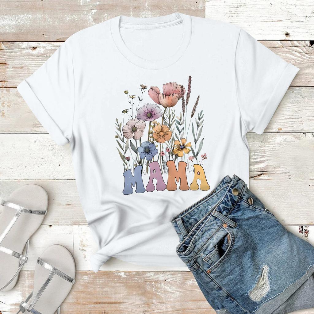 Women's Casual Printed T-Shirt Round Neck Pullover Short Sleeve Top