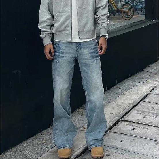 Джинсовые брюки High Street для мужчин, ретро-состаренные, свободные прямые брюки, спортивные брюки с широкими штанинами, модные