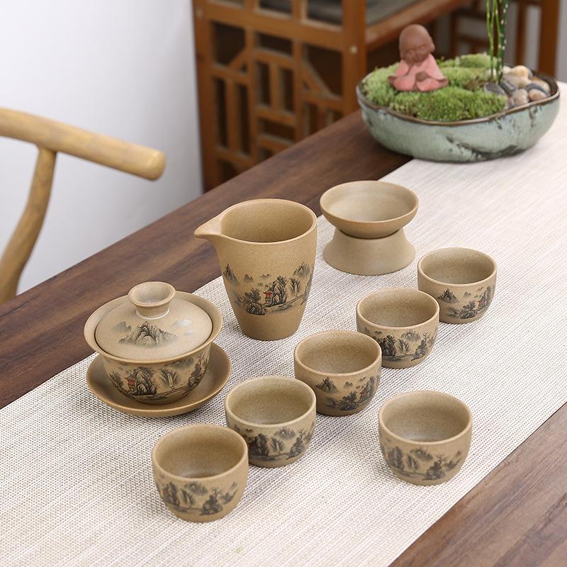 Coarse pottery antique ceramic cover bowl tea set Xishi pot tea brewer business household gift set antique tea set