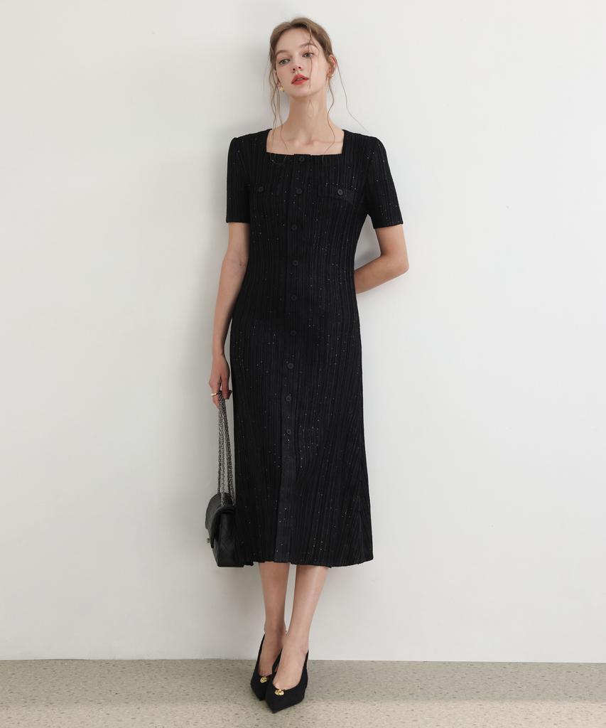 Pleats Mood Tweed Pleated Square Neck Dress