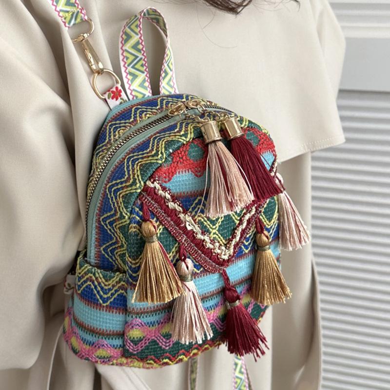 Этническая сумка для женщин, легкий рюкзак, кисточка, сумка через плечо для путешествий, модный универсальный маленький рюкзак
