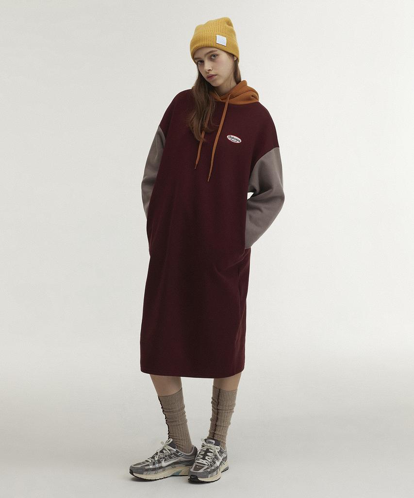 Between A And B Hooded Long Jersey Fleece-Lined Dress [Burgundy]