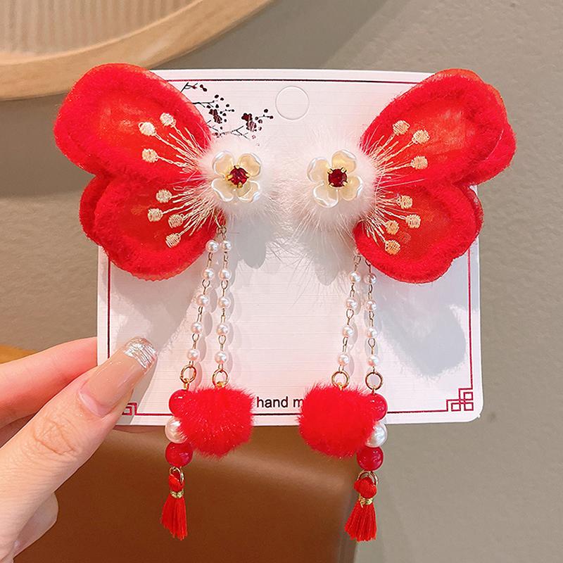 1 пара заколок для волос в китайском стиле, детские кисточки, заколки для волос, милый бант, бабочка, головной убор, кавайные красные аксессуары для волос, подарки