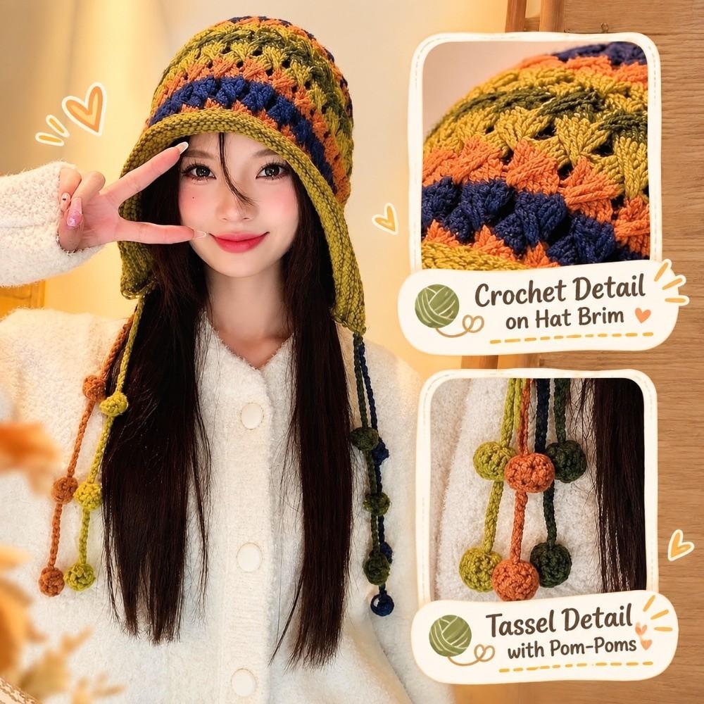 Knitted Fabric Crochet Beanie Hat Contrast Color Winter Warm Skullies Winter Travel