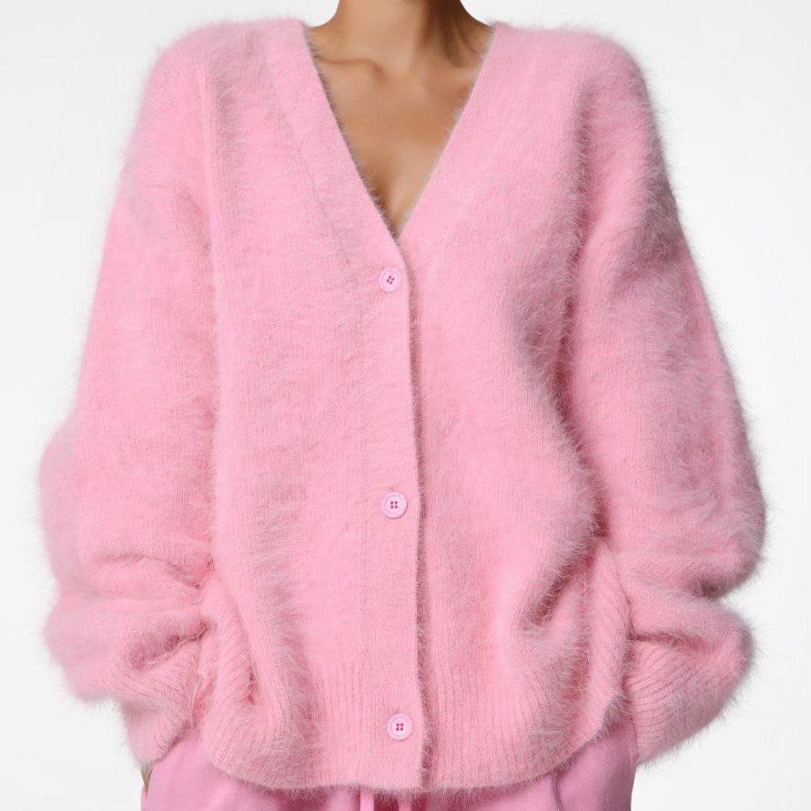 2025 Women's Loose Knit Imitation Mink Cardigan - Soft Long-Sleeve Spring & Autumn Sweater Coat