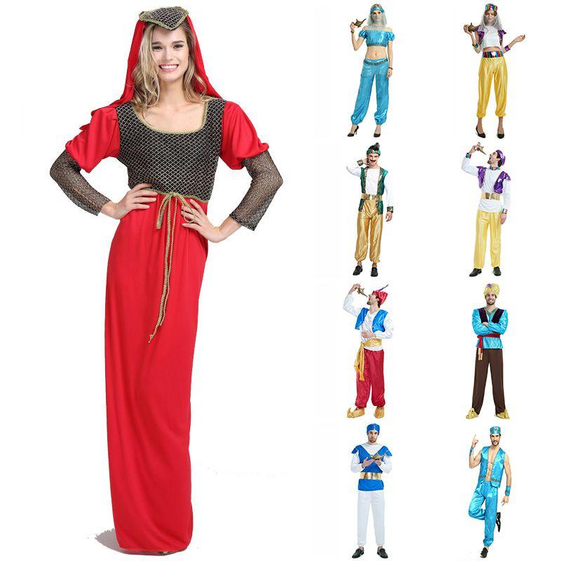 Яркий взрослый костюм Аладдина с волшебной лампой и принцессы Жасмин на Хэллоуин для вечеринок