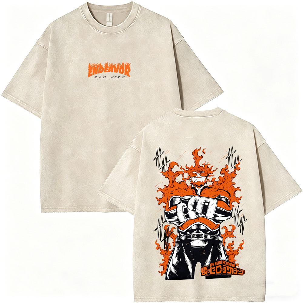 Anime My Hero Academia All Might Vintage Washed Tshirt Cartoon Midoriya Izuku Graphic T Shirts Men Manga Casual Retro Tshirts