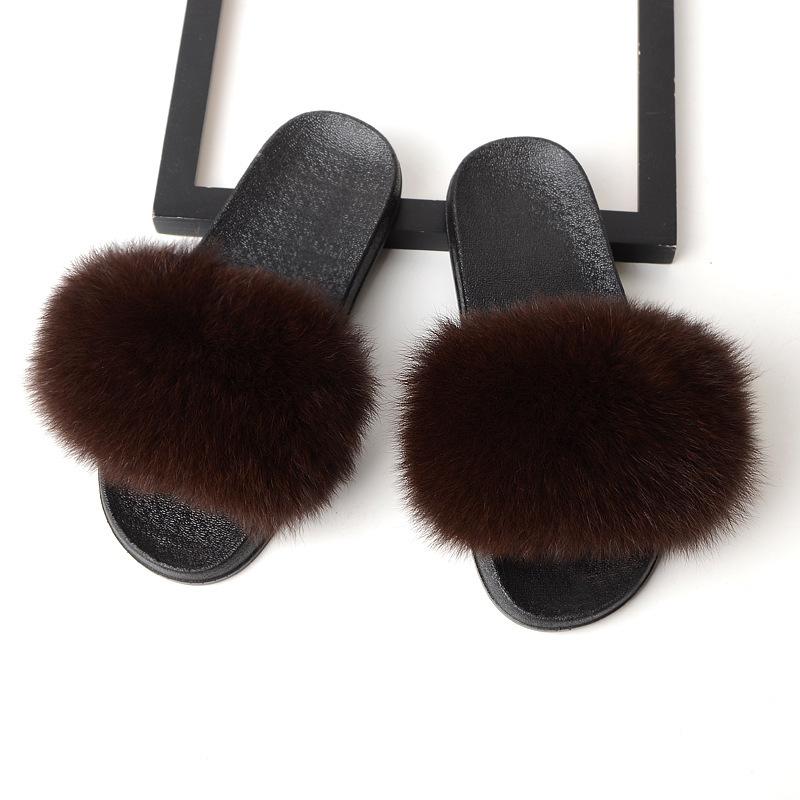 Furry Slippers for Women The Same Style In Summer Real Fox Fur Slippers Plus Size Female Sandals