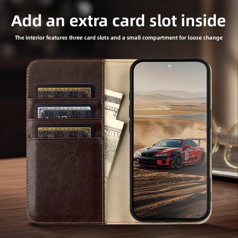 Genuine Leather Flip Case for IPhone 17 Pro Case with Card Slot Full Protection Folding Stand Case for IPhone Air IPhone17ProMax