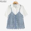 Женская летняя повседневная блузка с коротким рукавом, пэчворк, имитация двух частей