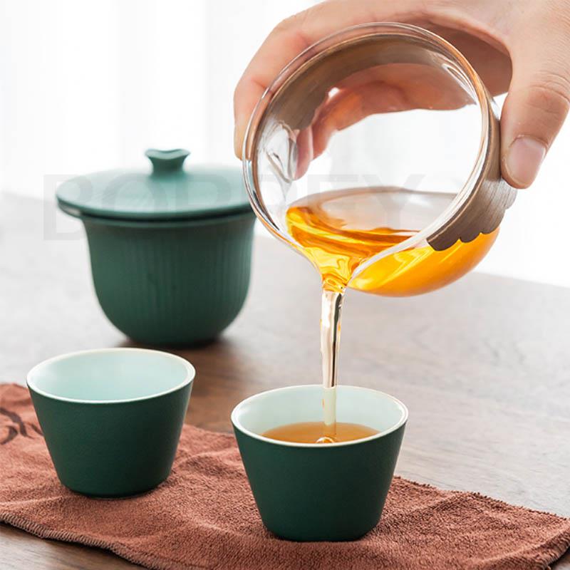 BORREY керамический портативный дорожный чайный набор кунг-фу, один горшок, две чашки, стеклянная чаша с защитой от ожогов, чайный сервиз для путешествий на открытом воздухе, чайный сервиз
