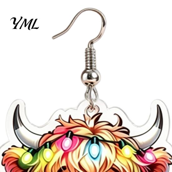 Decorative Holiday Jewelry 1 Pair Acrylic Highland Cow Christmas Earrings for Women, Cute Scottish Cattle Creative Dangle Drop Earrings, Cartoon Farm