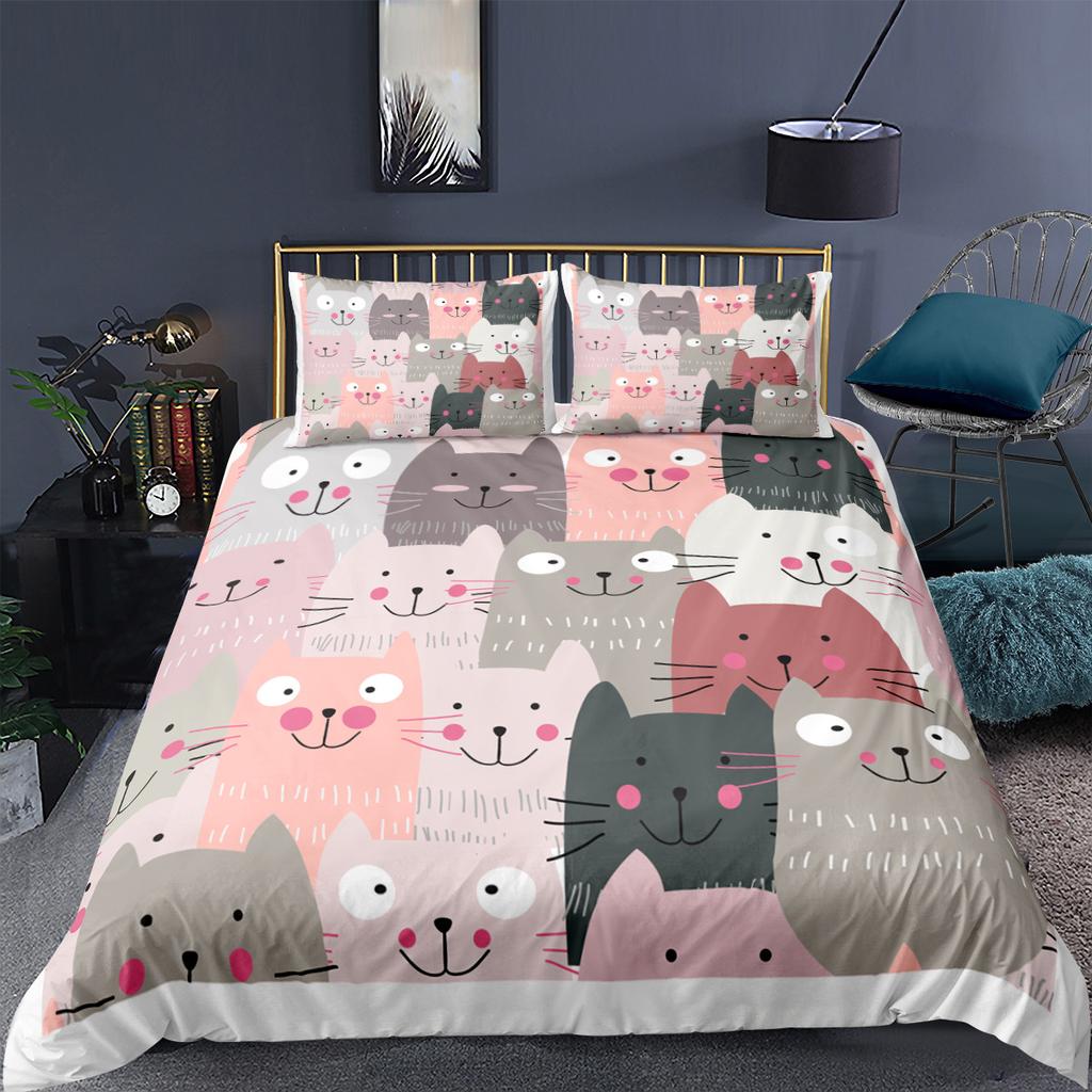 Cat Duvet Cover Polyester Pattern With Hipster Playful Feline Characters, Decorative 3 Piece Twin Bedding Set With 2 Pillow Sham