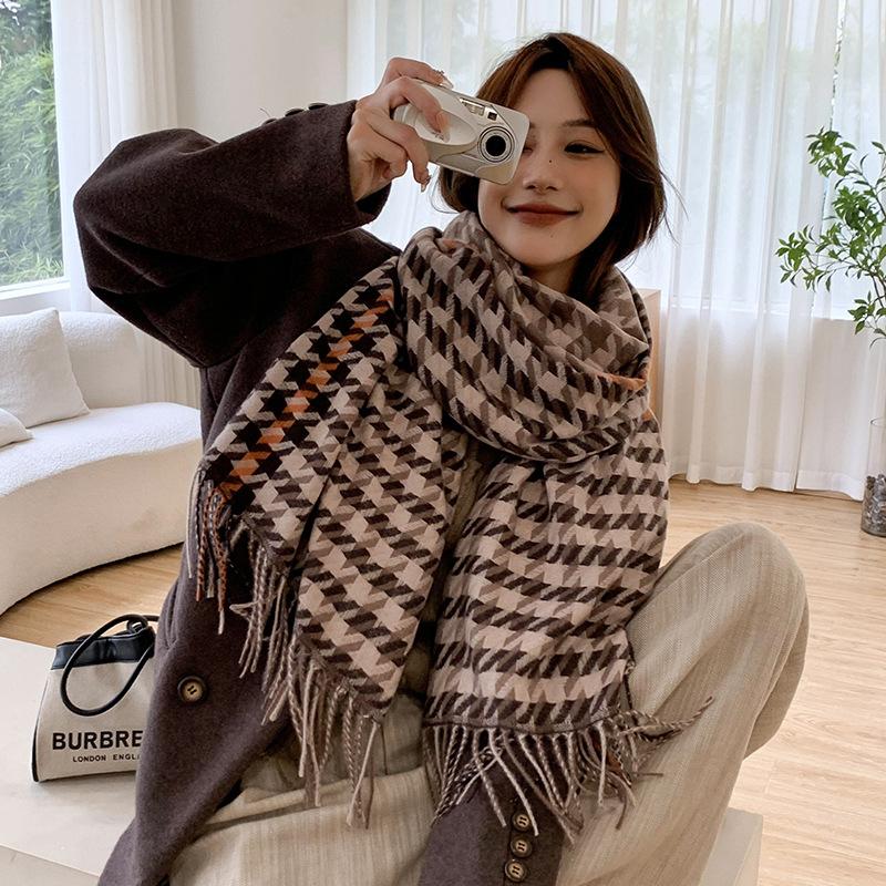 New Thickened Fringe Scarf WomenS Thousand Bird Plaid Cashmere Shawl Sunscreen Autumn And Winter Warm And Wind Proof Neckband Women